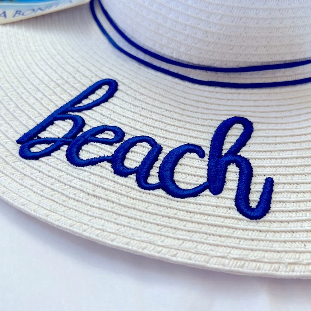 Isle Bonita BEACH PLEASE floppy hat. White beach sun hat with blue stitching NWT - Picture 5 of 7